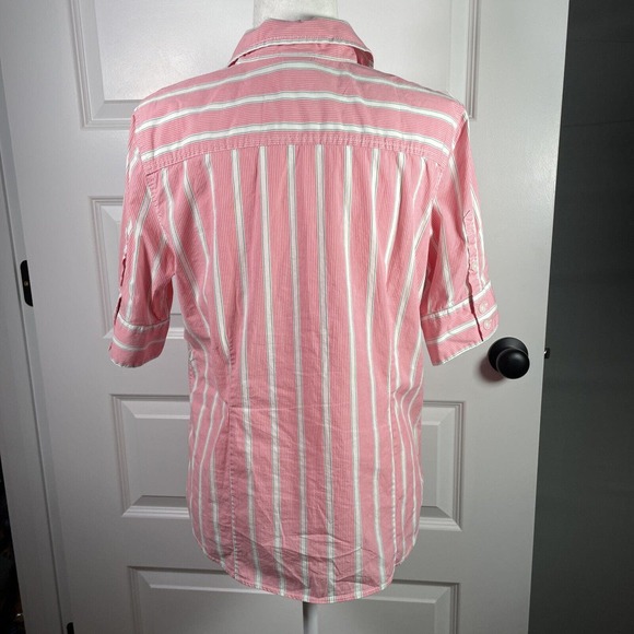 LL Bean Pink Green Stripe Woman’s Blouse Size L Large Short Half Sleeve - Picture 4 of 6